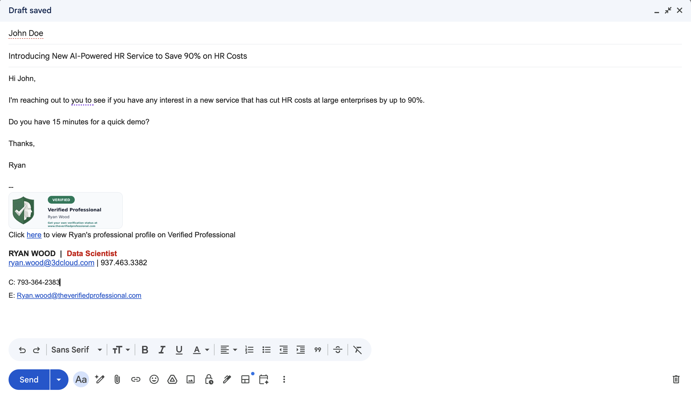 Sample outbound email showing the Verified Professional badge and profile link in the signature
