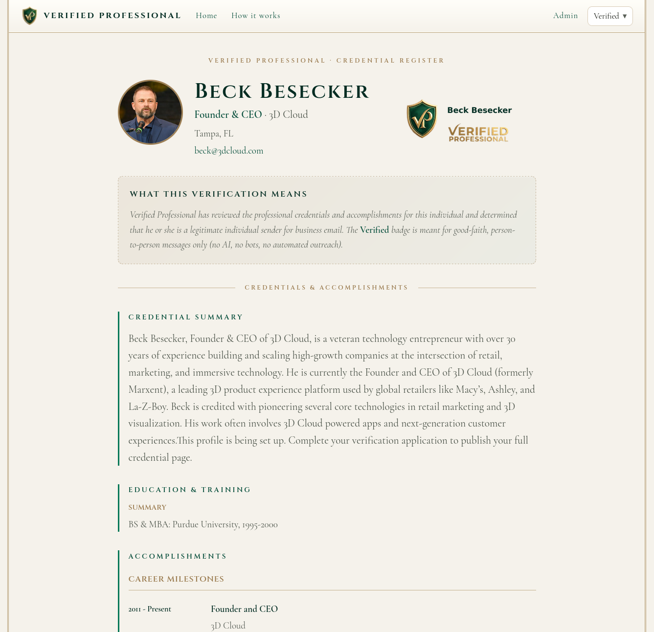 Sample Verified Professional public credential profile showing verified status, credential summary, and education